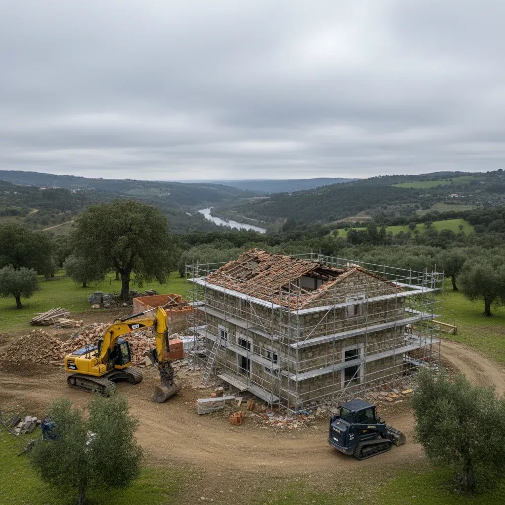 Scaffolding and machinery around a storm-damaged house in central Portugal
