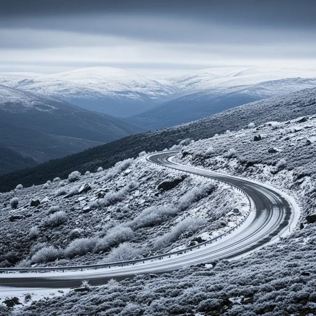 Snow-covered winding mountain road in Portugal under an overcast winter sky