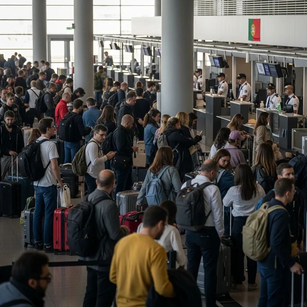 Travellers queuing at passport control in a busy Lisbon airport hall
