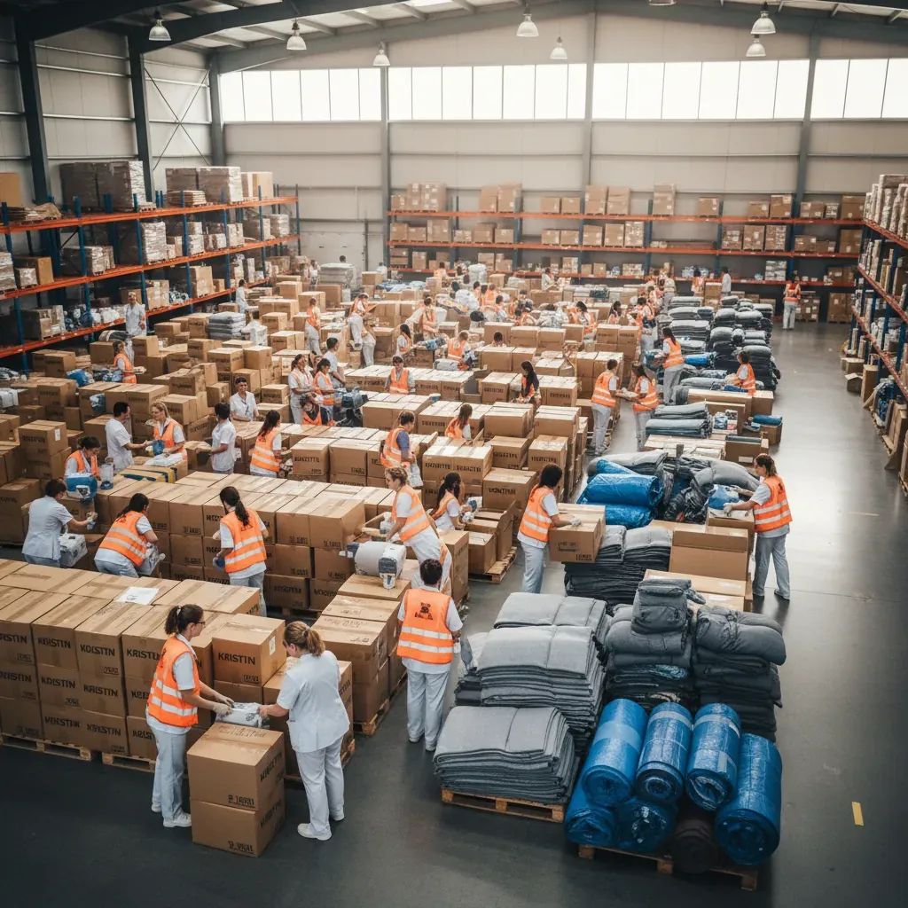 Volunteers and nurses sorting boxes of storm relief supplies in a warehouse