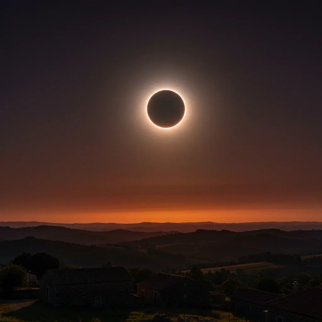 Total solar eclipse at sunset over Bragança’s rural hills, twilight sky enveloping Portuguese countryside