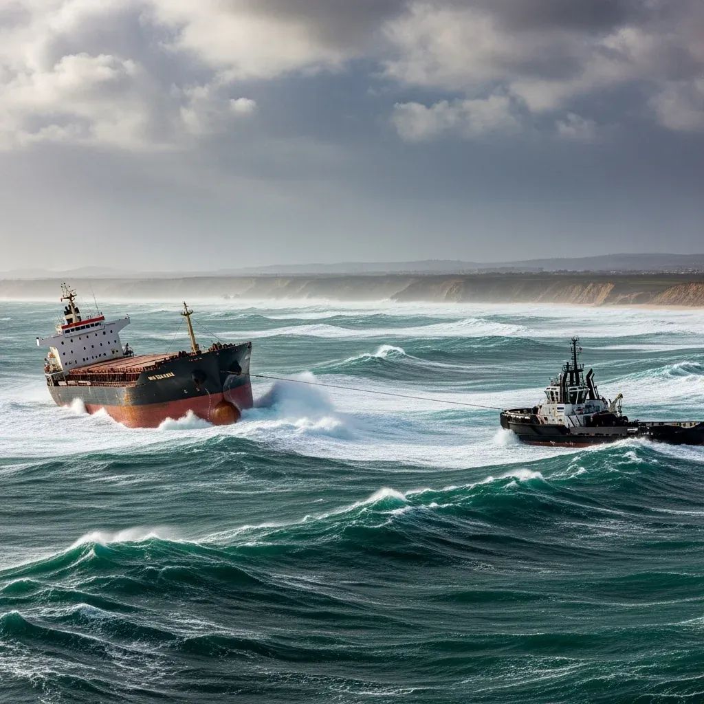 Salvage tug towing a cargo ship off the coast of Figueira da Foz in rough seas