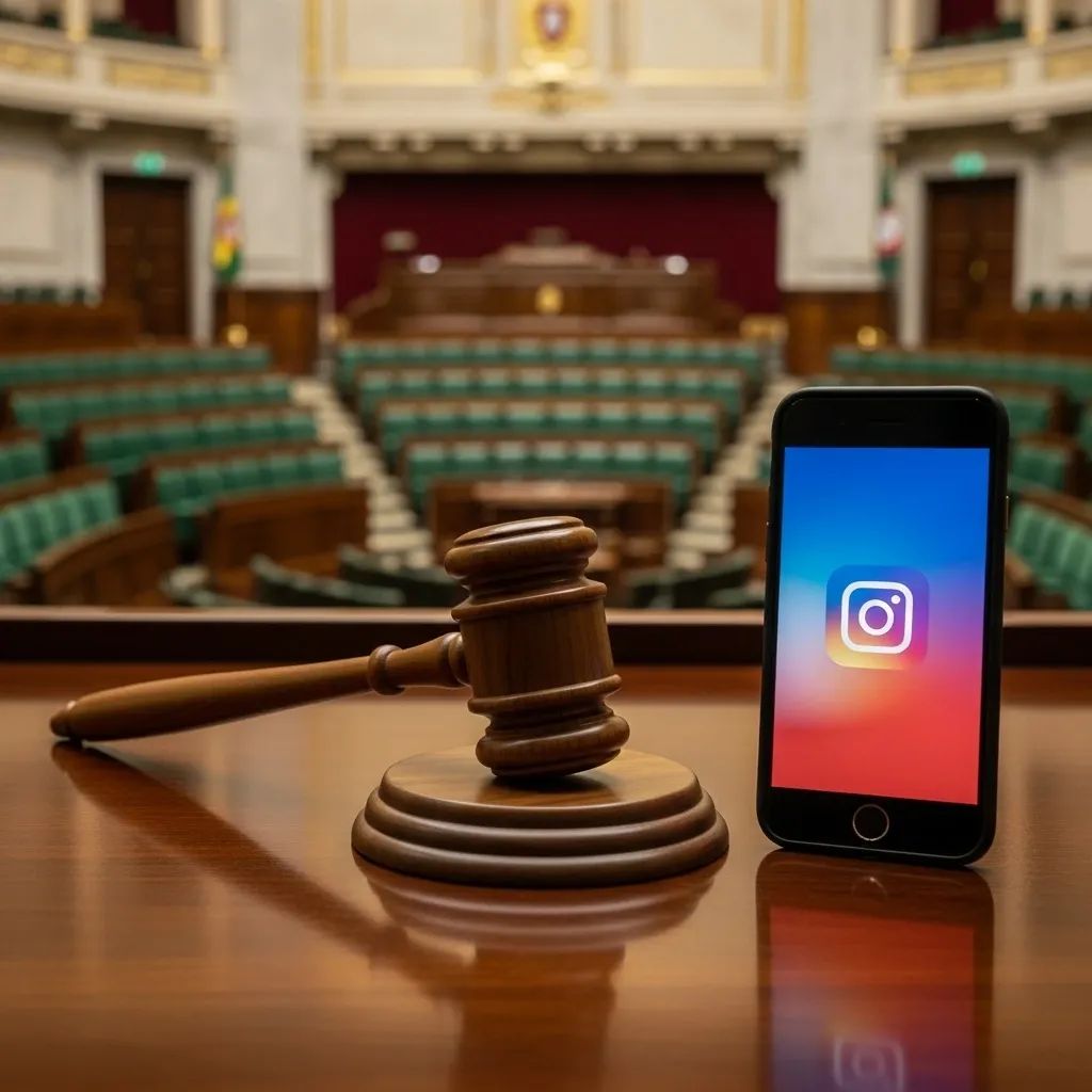 Gavel and smartphone on a desk with blurred Portuguese parliament chamber in background
