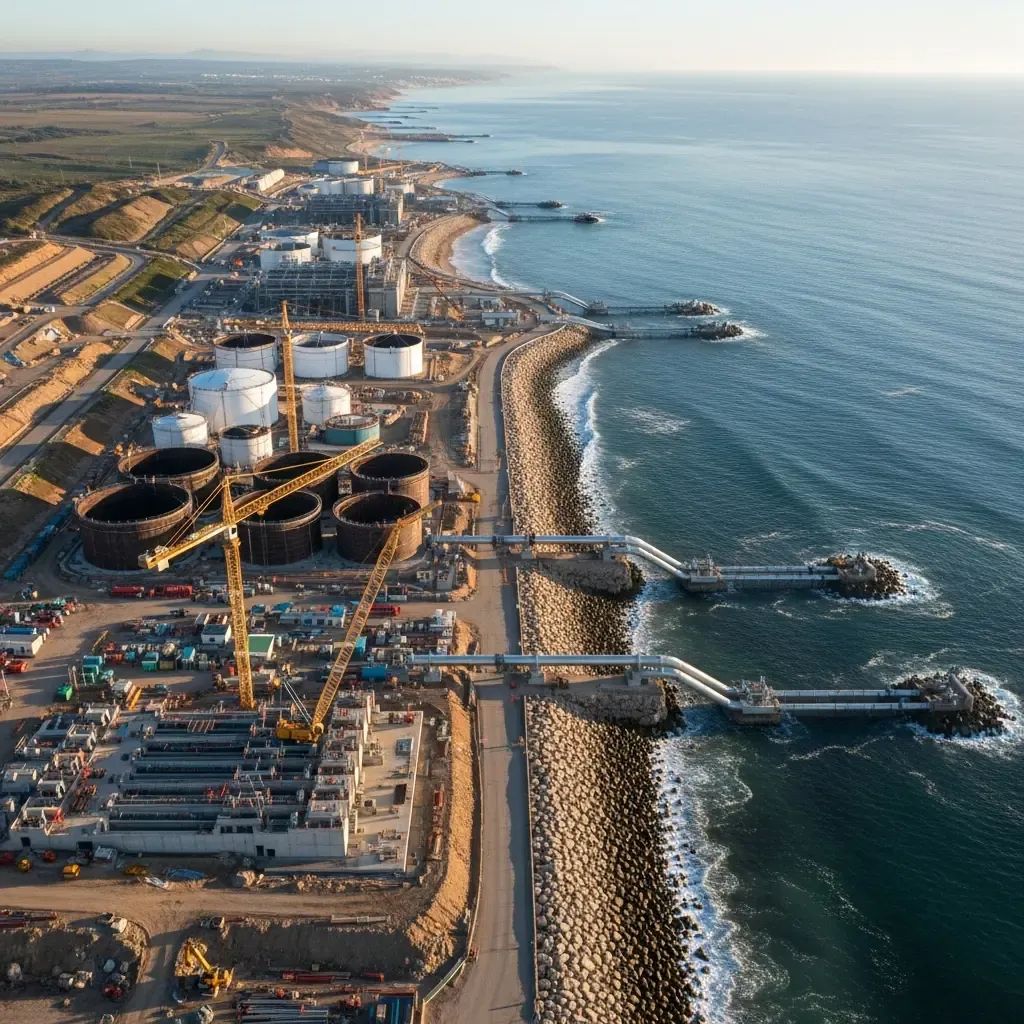 Aerial view of a coastal desalination plant under construction near a Portuguese shoreline