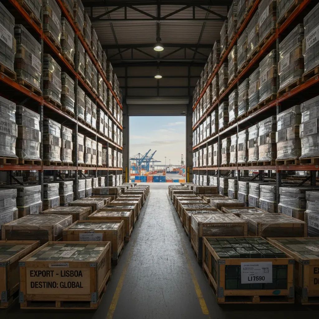 Industrial warehouse filled with Portuguese export goods including textiles and ceramics awaiting shipment