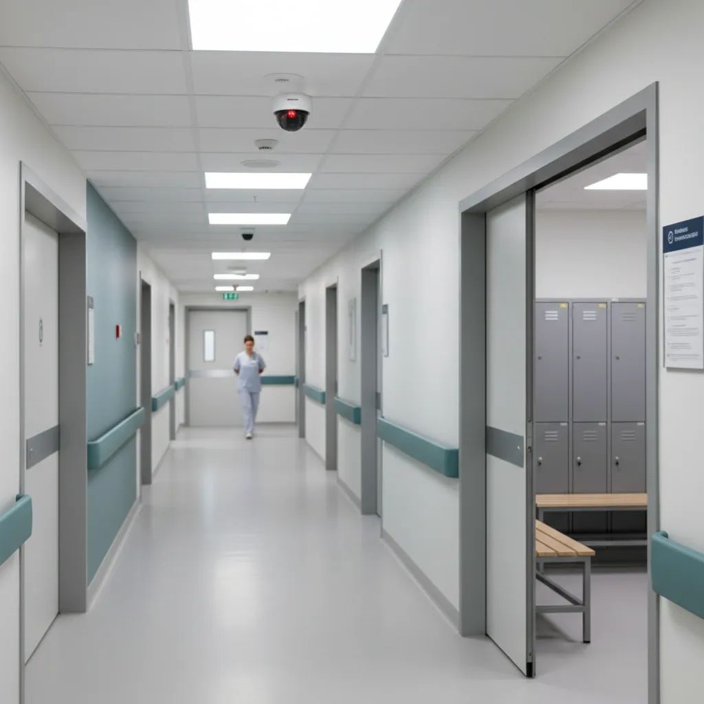 Hospital corridor with security camera and locker room, representing workplace security concerns for healthcare staff