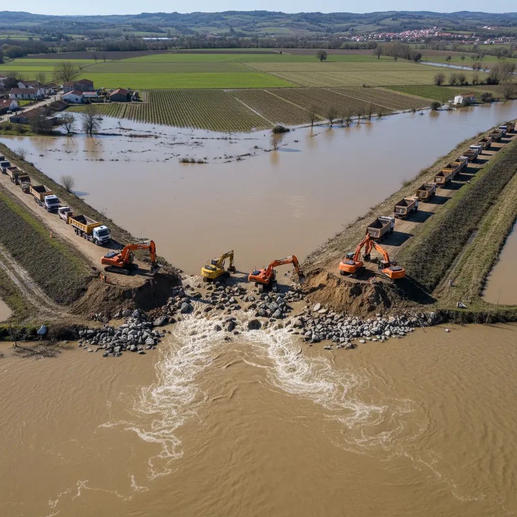 Aerial view of Mondego River levee breach repair site near Coimbra with construction crews and flooded farmland