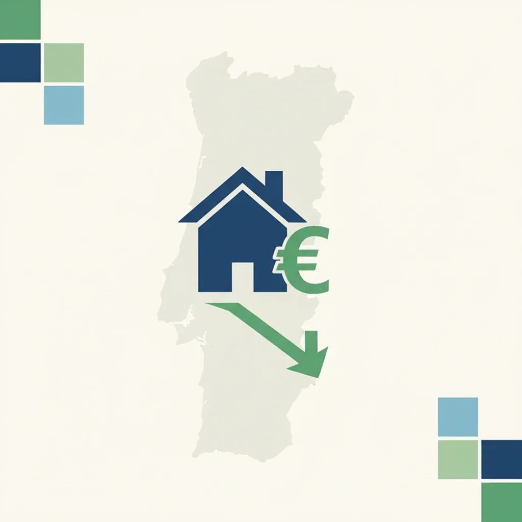 Stylized infographic with a house icon, euro symbol, downward arrow and Portugal map background