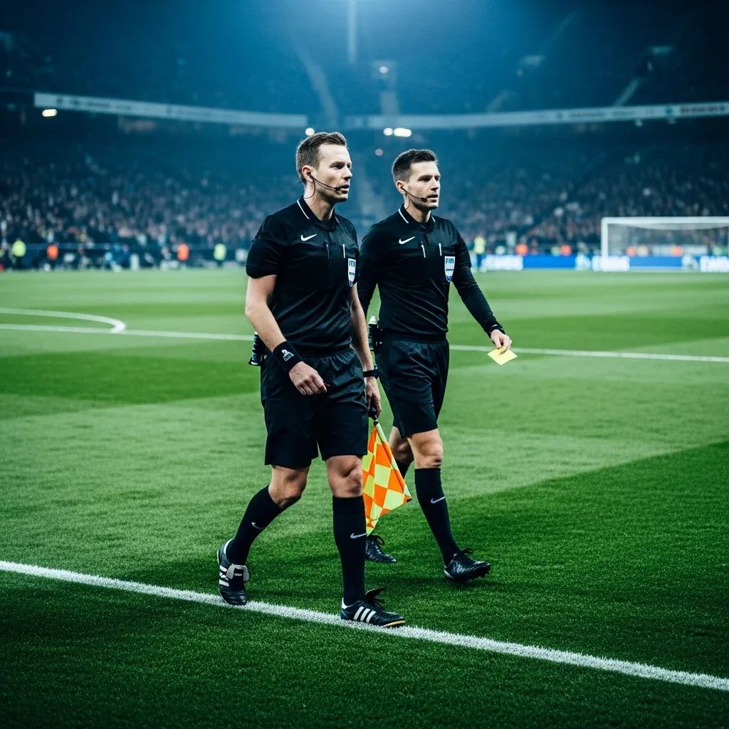 Two soccer referees in black uniforms walking on a stadium pitch under floodlights