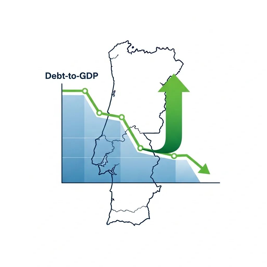 Infographic of Portugal map with downward debt-to-GDP graph and green arrow indicating fiscal improvement