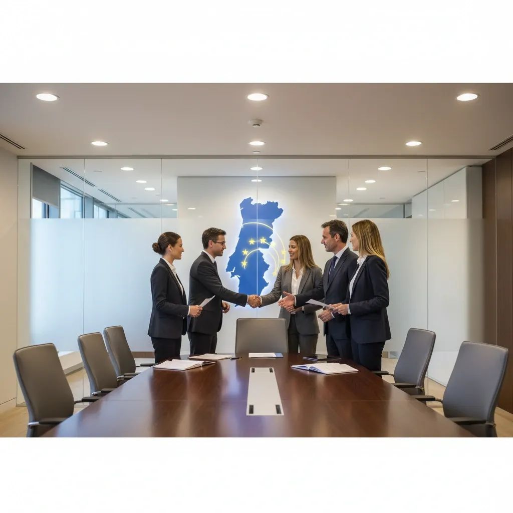 Business professionals in modern office setting reviewing media investment documents and contracts