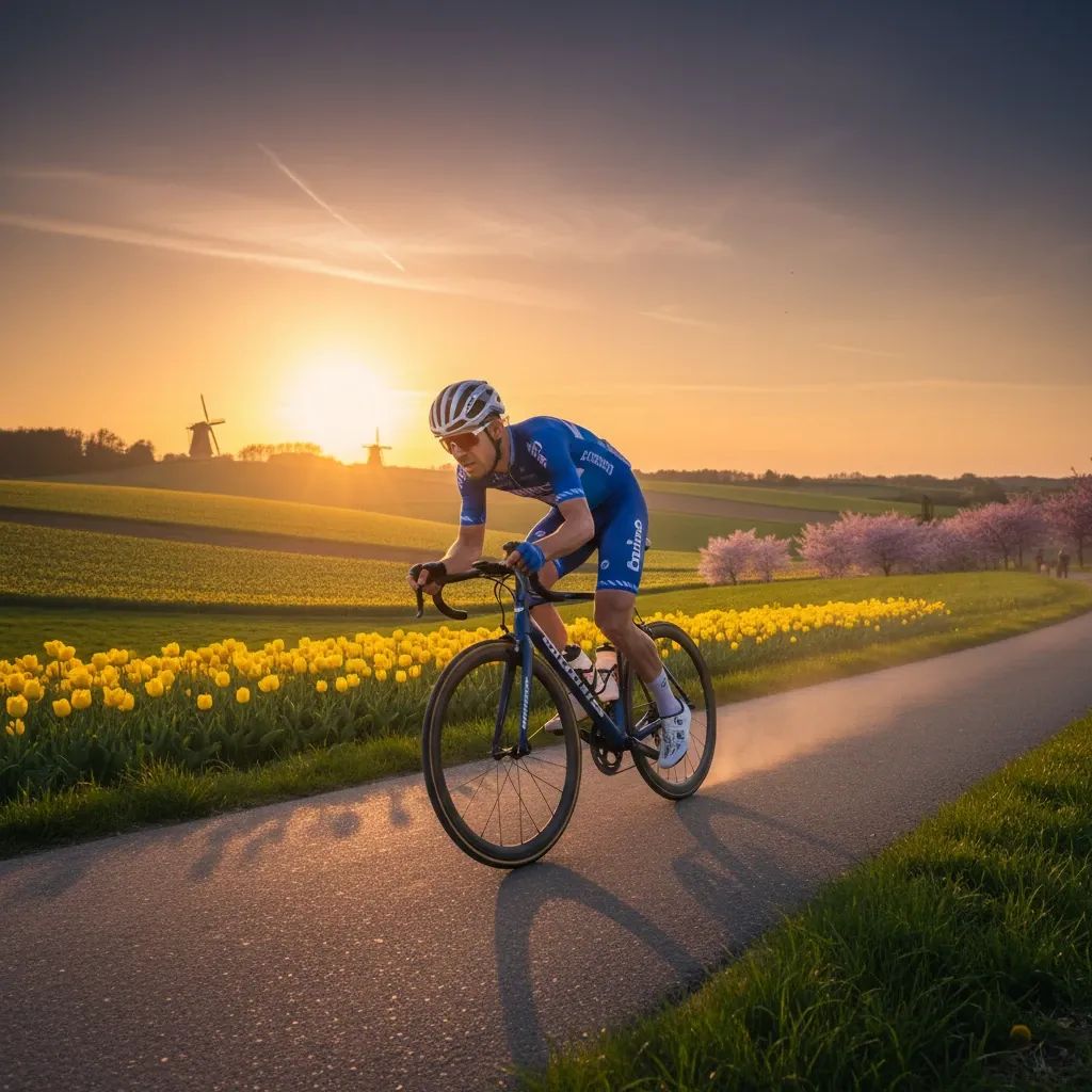 Professional cyclist sprinting to victory across rolling hills in spring landscape during cycling classic
