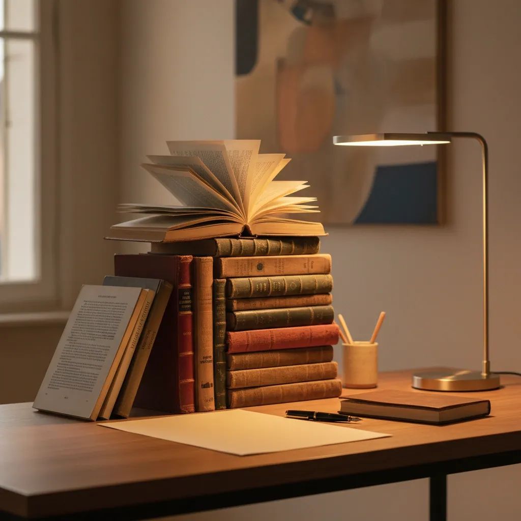 Stack of books with open pages on a desk, representing Portuguese literary achievement and international recognition