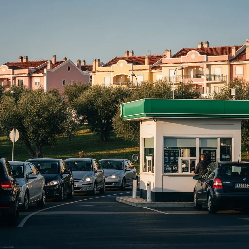 Drive-thru coffee kiosk on a Portuguese suburban road with cars waiting in line