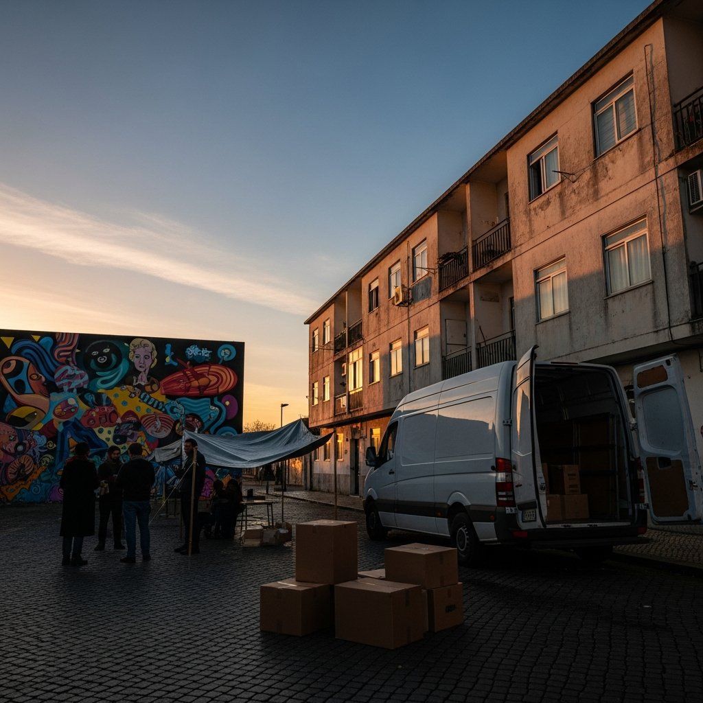 Eviction van and scattered boxes outside Quinta do Mocho apartments at dawn with activists nearby