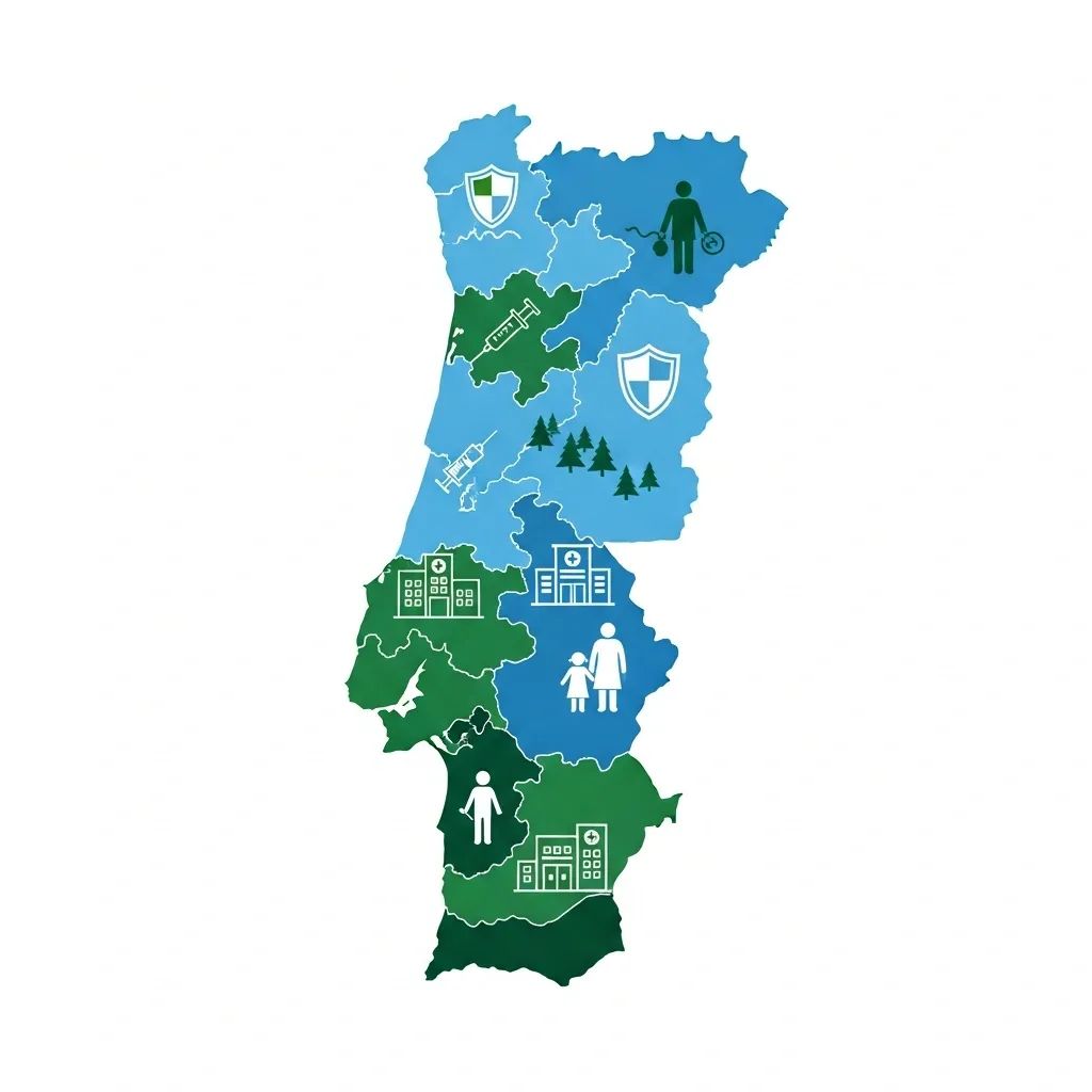 Map of Portugal with vaccination and hospital icons illustrating the flu campaign and healthcare response