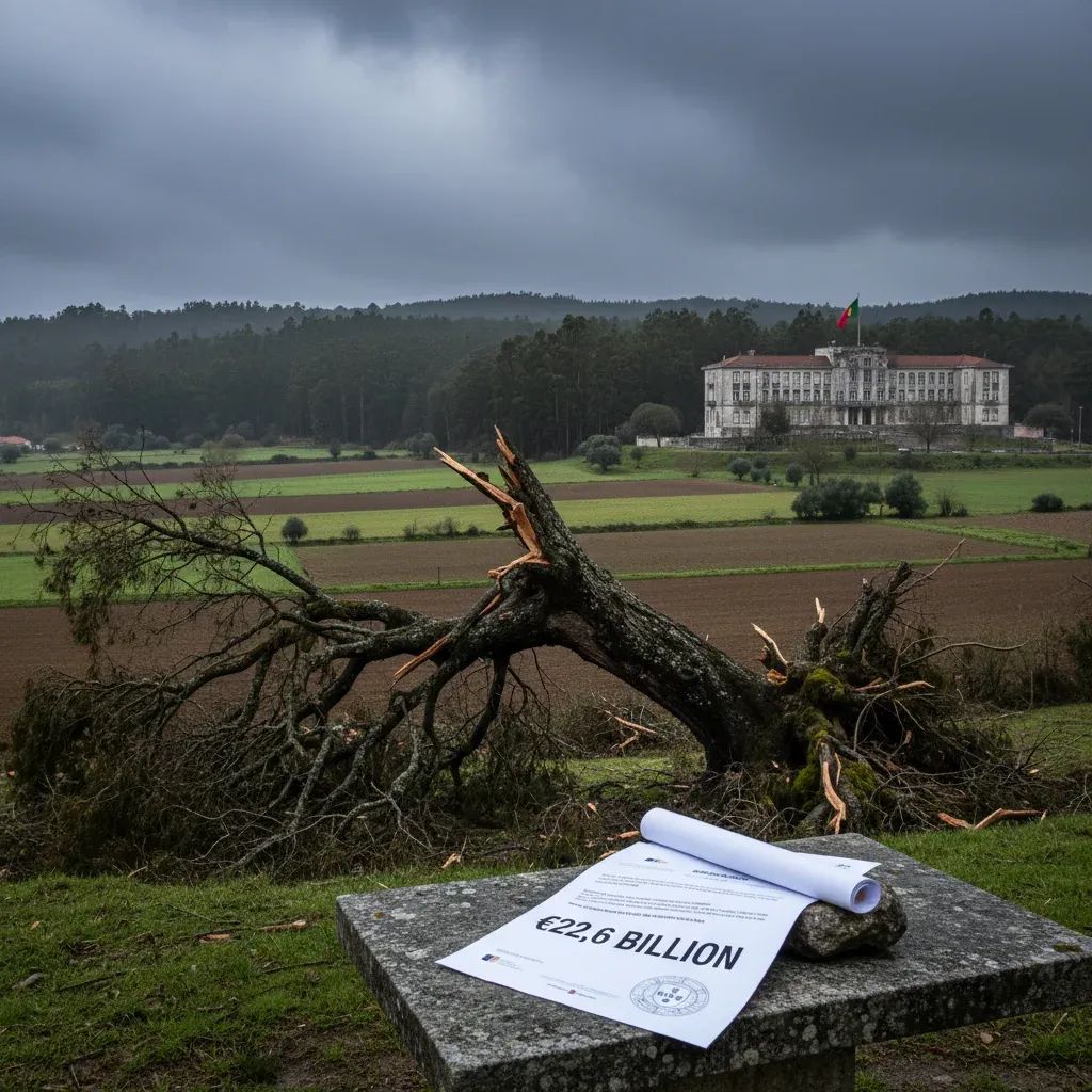 Rural Portuguese farmland and forest with government building in background, representing recovery plan for agriculture and forestry sectors