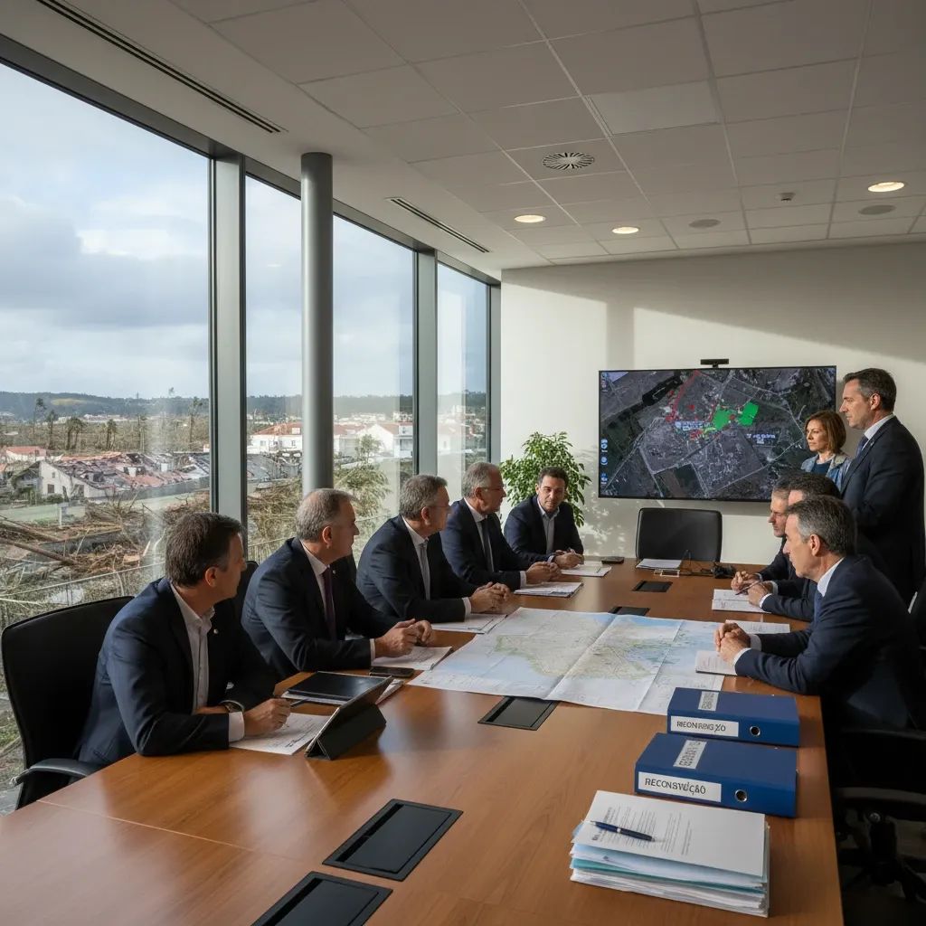 Government officials and mayors discussing Leiria storm reconstruction efforts at coordination center