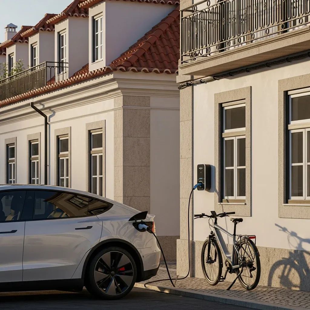 Electric car and e-bike charging at home wallbox outside Portuguese apartment building