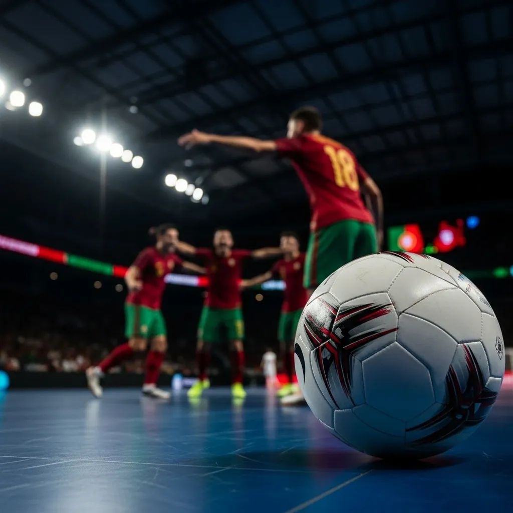 Indoor futsal court with ball in foreground and Portuguese team silhouettes celebrating a goal