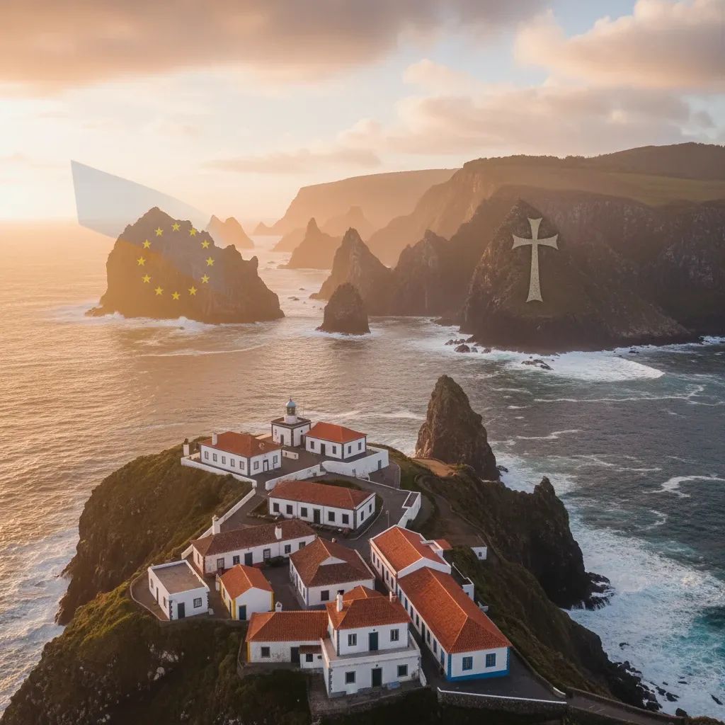 Terceira Island coastline with traditional Portuguese buildings overlooking Atlantic waters