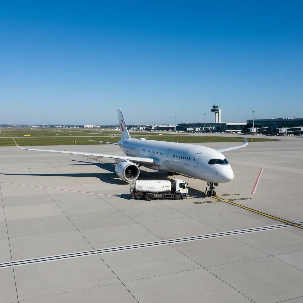 Commercial aircraft at airport fuel station during daytime, representing rising airline operational costs