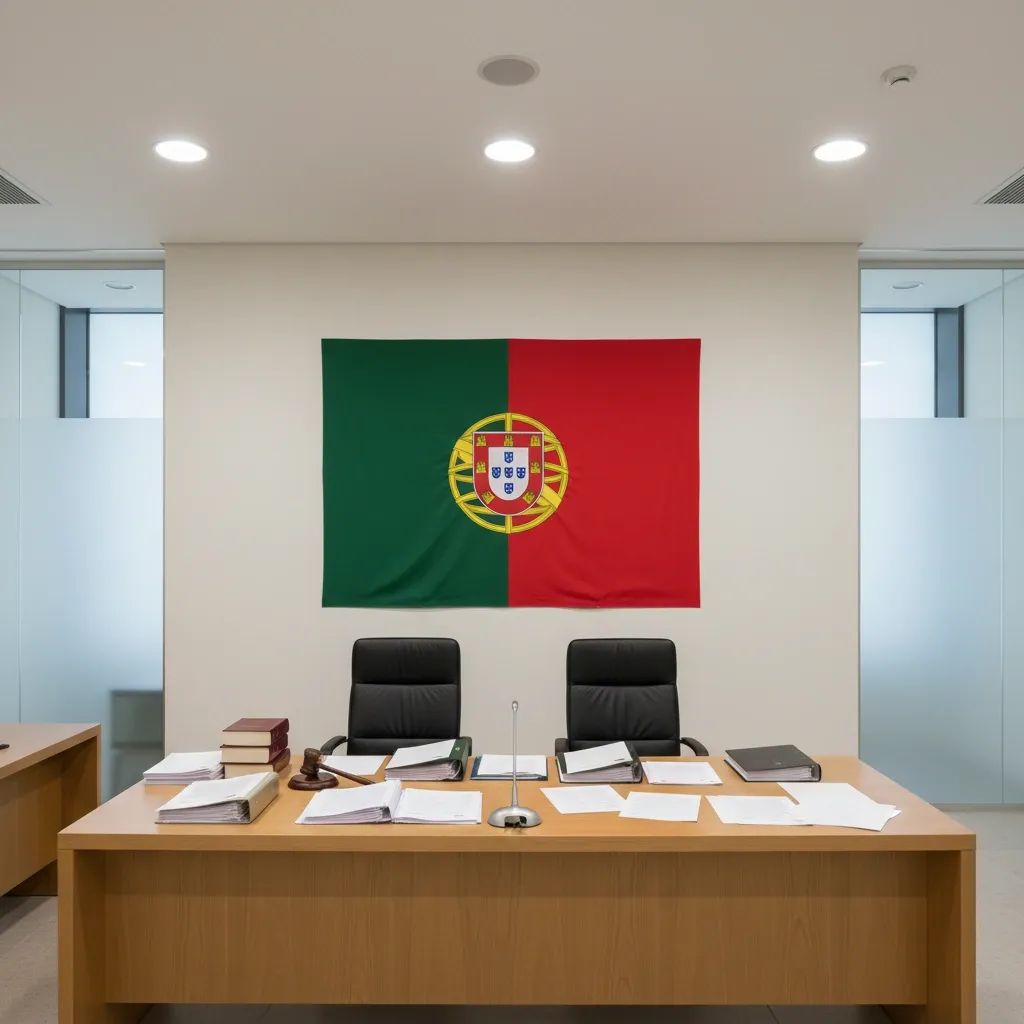 Portuguese courtroom interior with judicial documents and official setting representing legal proceedings