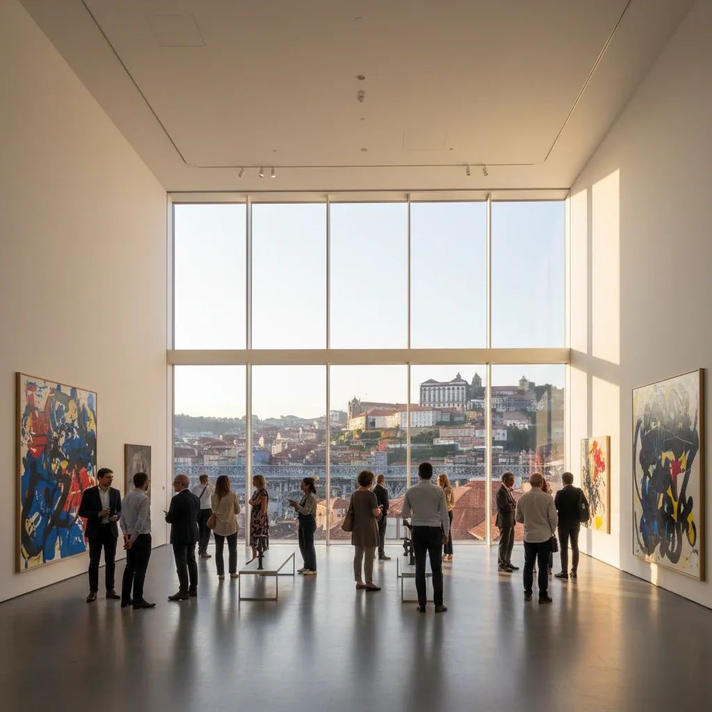 Contemporary art museum gallery with visitors viewing modern artworks in bright, minimalist space