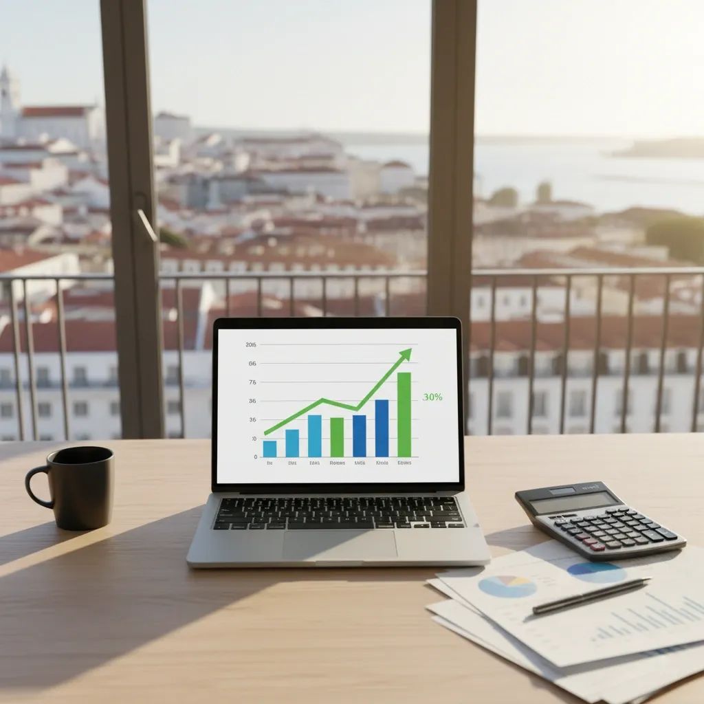 Office desk with laptop showing economic growth chart and blurred Lisbon skyline in background