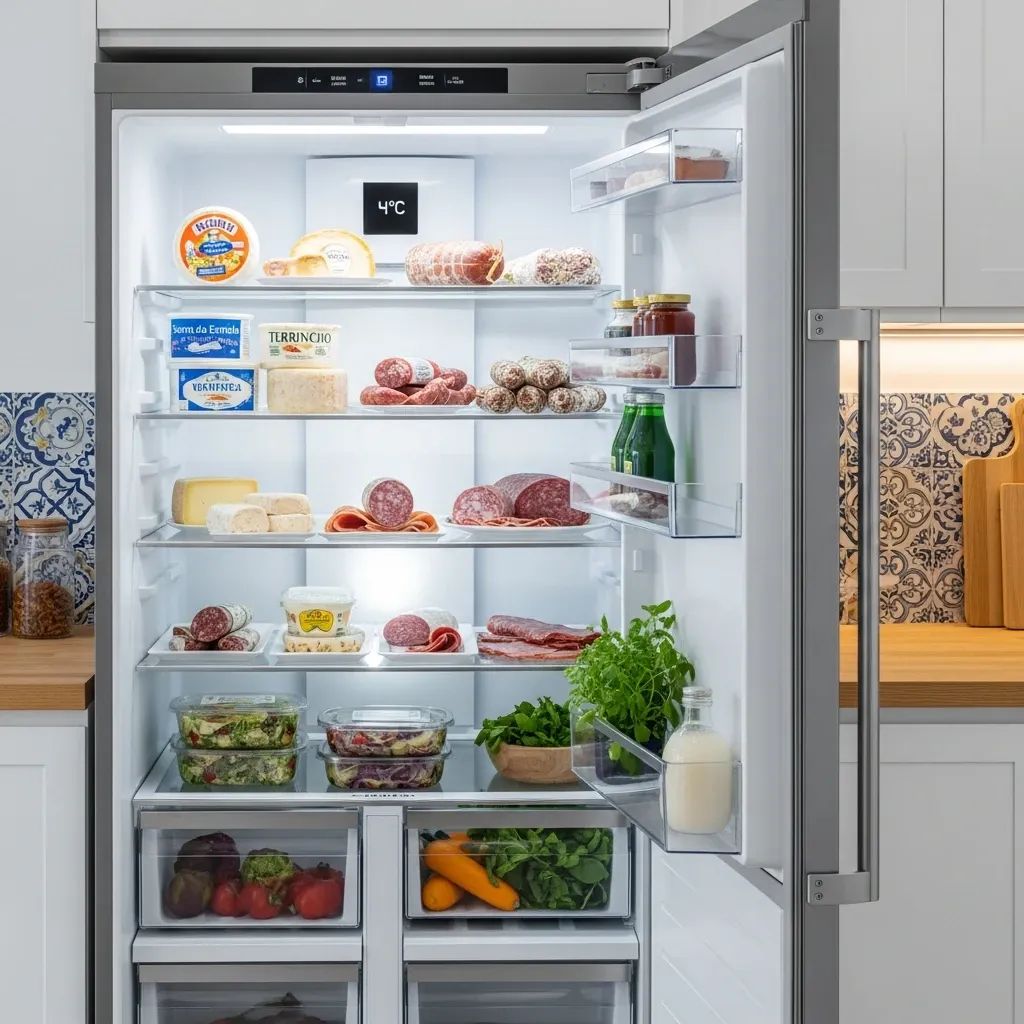 Open fridge with ready-to-eat cheeses, sausages, and a digital thermometer in a modern kitchen