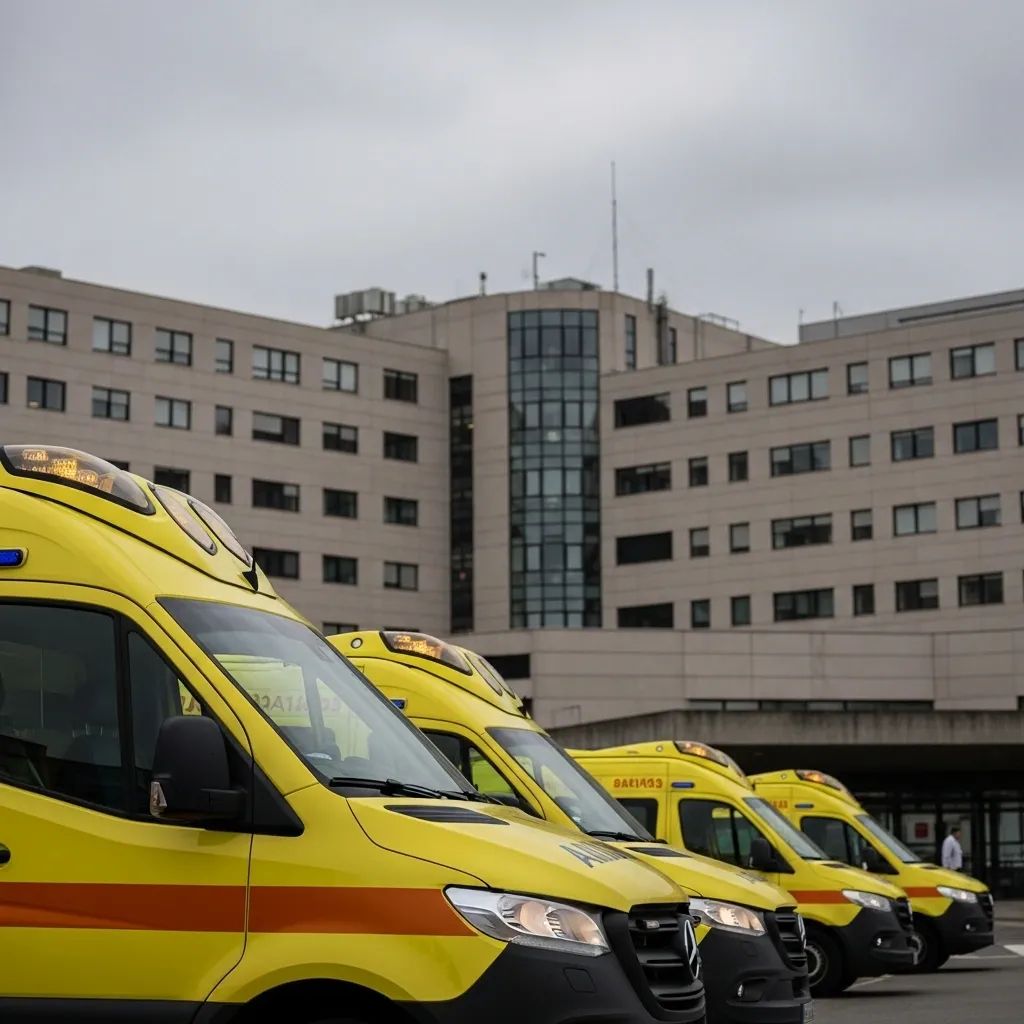 Yellow ambulances parked outside a Portuguese hospital building