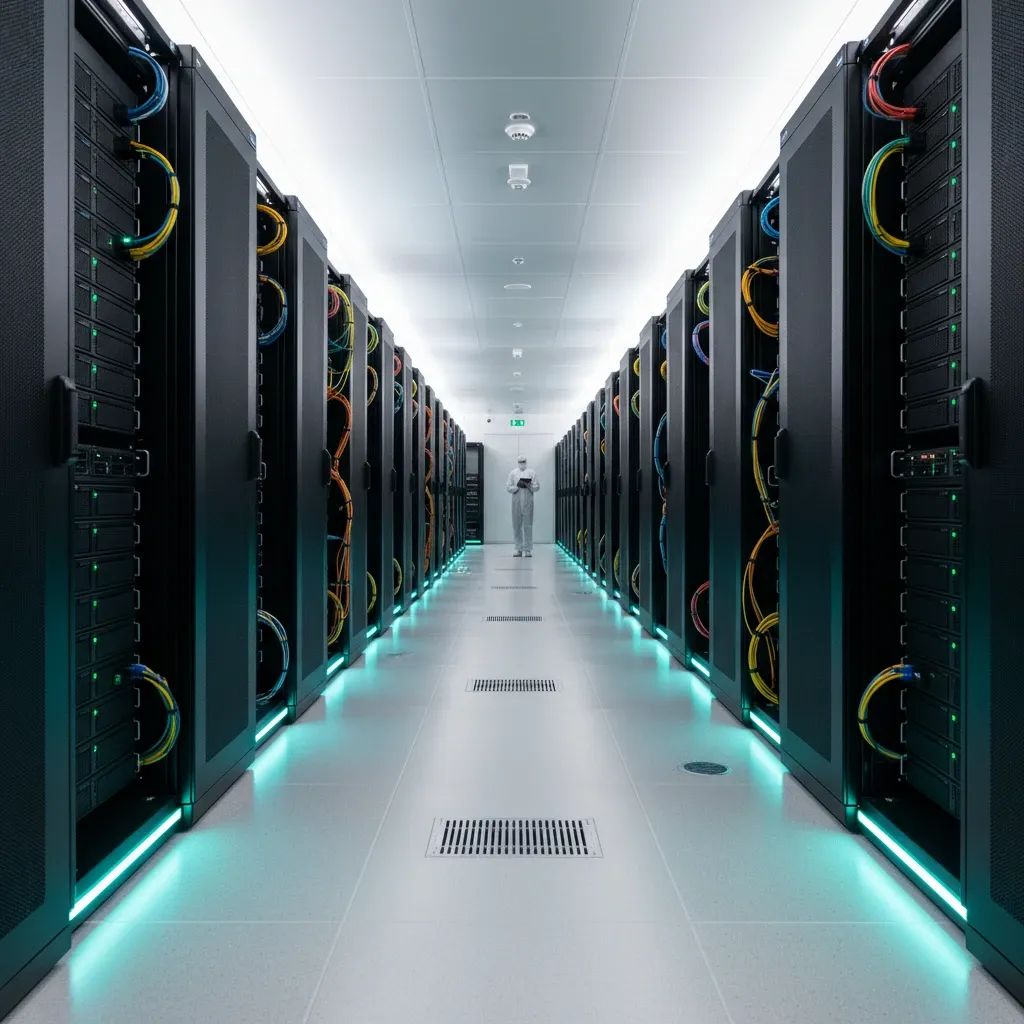 Modern European data center with server infrastructure and blue lighting