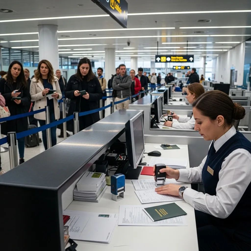 Immigration officer stamping passports at Lisbon Airport passport control desk
