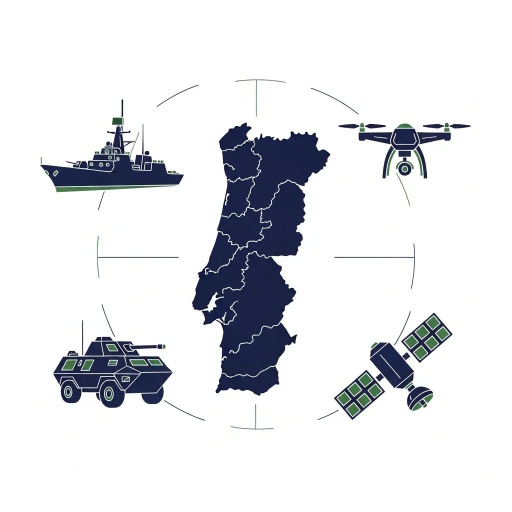 Infographic of Portugal map with icons of frigate, armored vehicle, drone and satellite