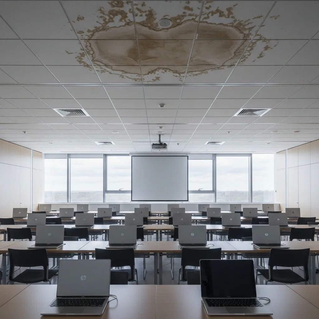 Empty Portuguese classroom with laptops and water-damaged ceiling after January storms