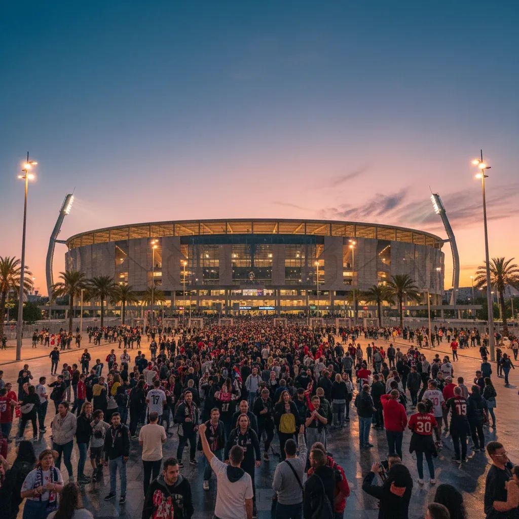 Portuguese football stadium lit up in evening, spectators gathering for match
