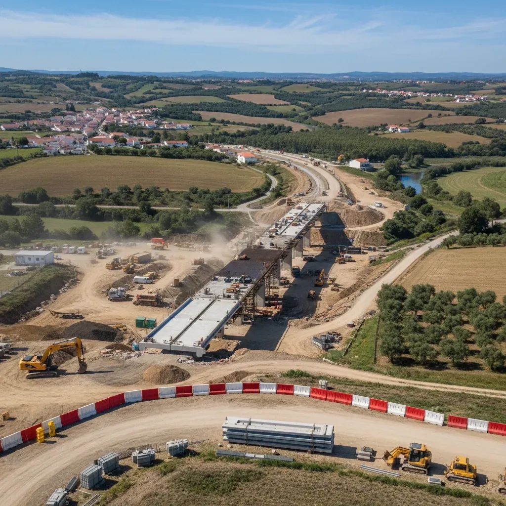 IP3 motorway construction zone with heavy equipment and barriers during highway duplication project in Portugal