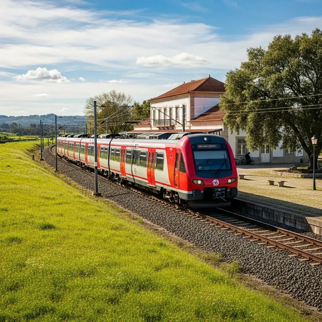 Red and white commuter train on Portuguese tracks near a rural station