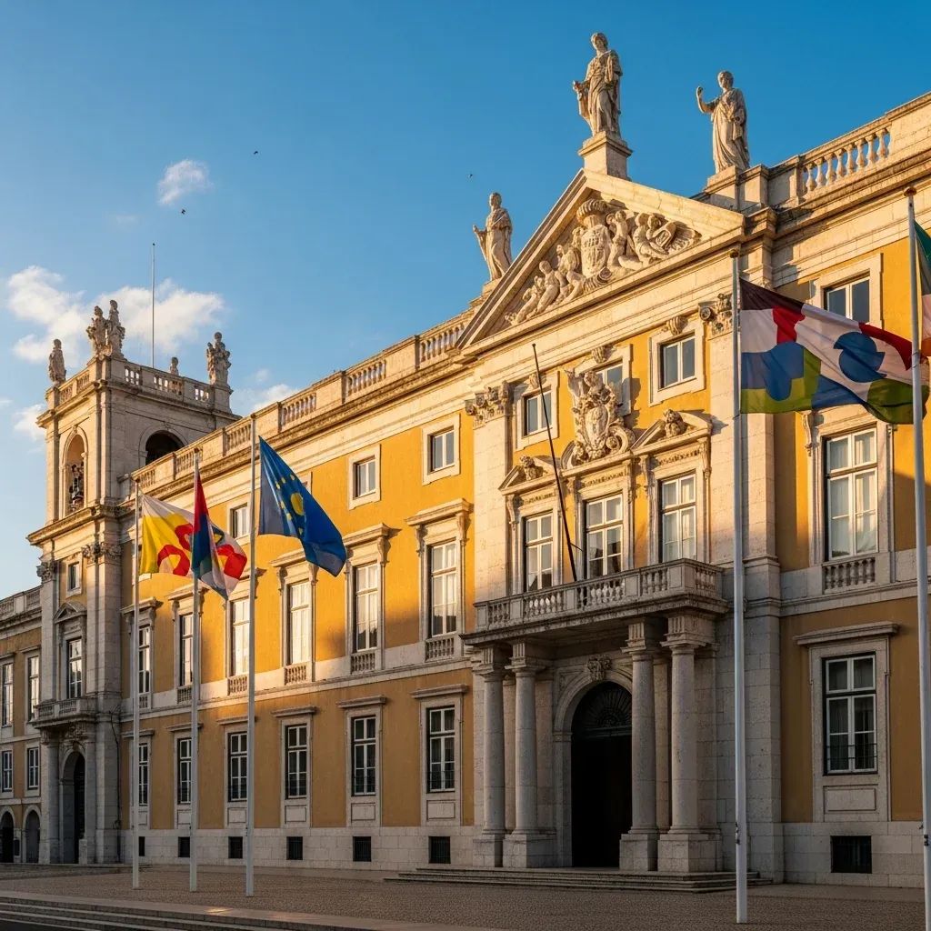 Palácio em Lisboa com bandeiras que simbolizam reunião diplomática