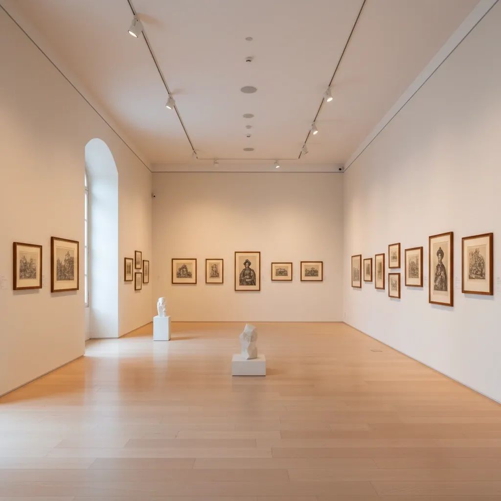 Gallery exhibition space displaying framed prints and engravings on white walls with professional lighting