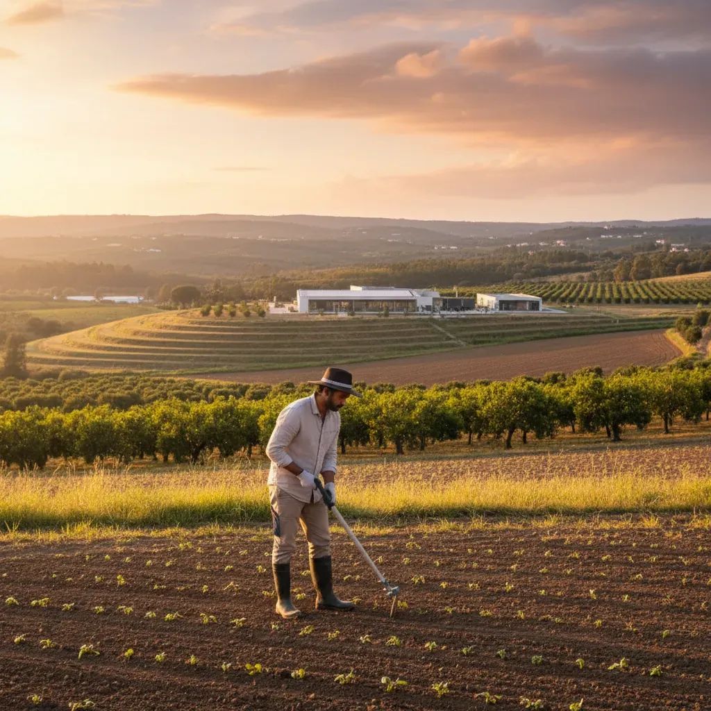 Young farmer working in sustainable Portuguese countryside field during harvest season
