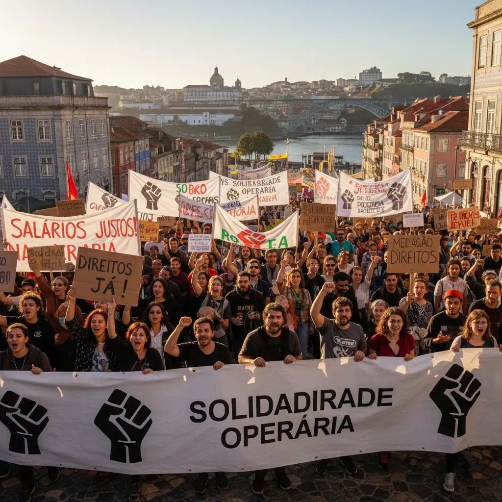 Portuguese workers gathering for labour rights protest in city streets with union banners