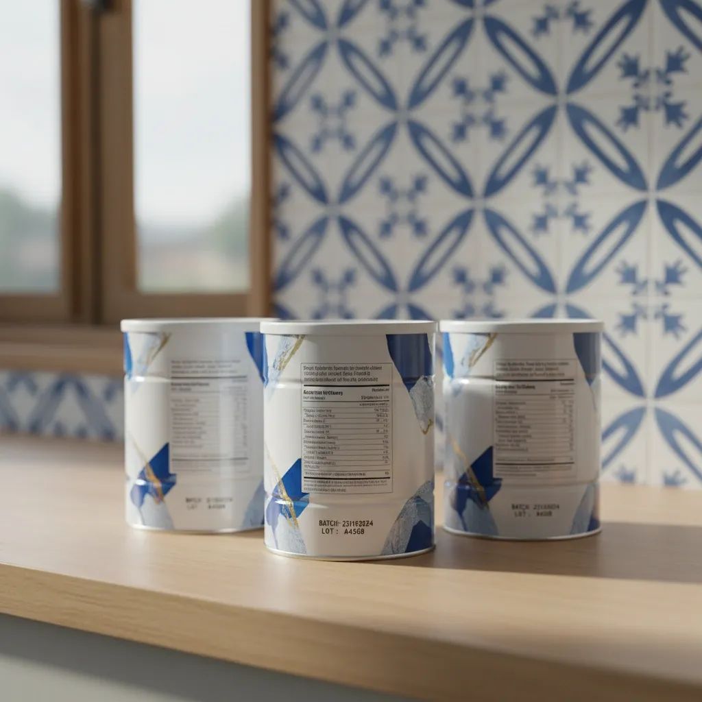 Baby formula tins on a kitchen counter with Portuguese azulejo tile backsplash