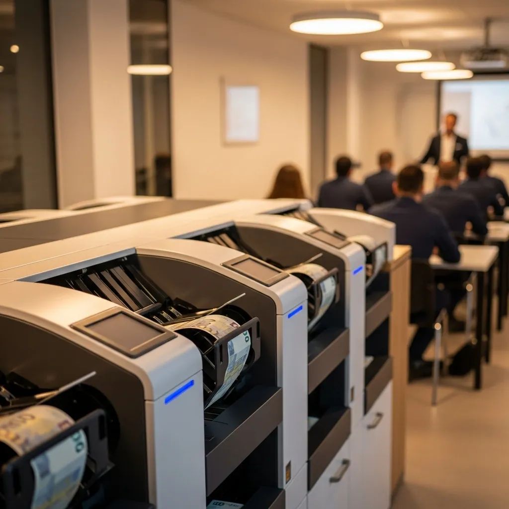 Row of euro note-sorting machines operating in Funchal bank branch with trainees in background
