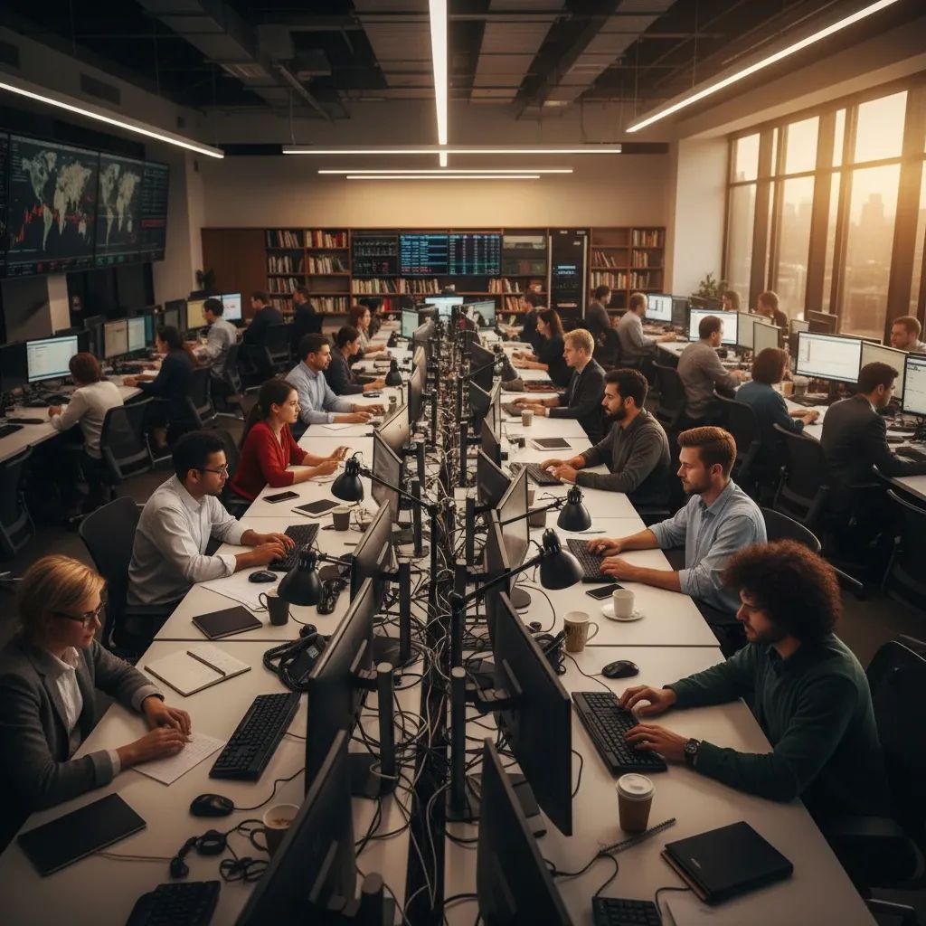 Modern newsroom with journalists of diverse backgrounds working at desks with computers