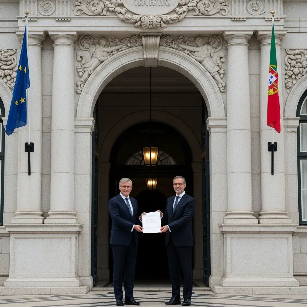 Diplomats exchanging a formal protest note outside a Portuguese government building