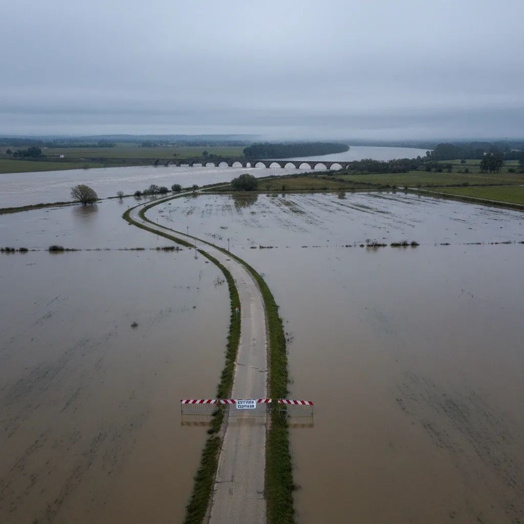 Aerial view of flooded Tagus River floodplain near Santarém with closed road barriers