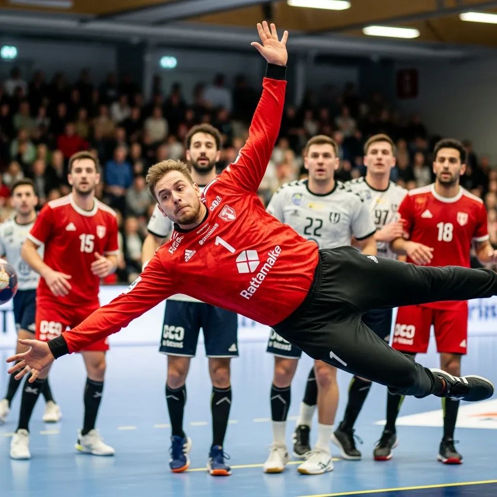 Portuguese handball goalkeeper diving to block a shot in an indoor match