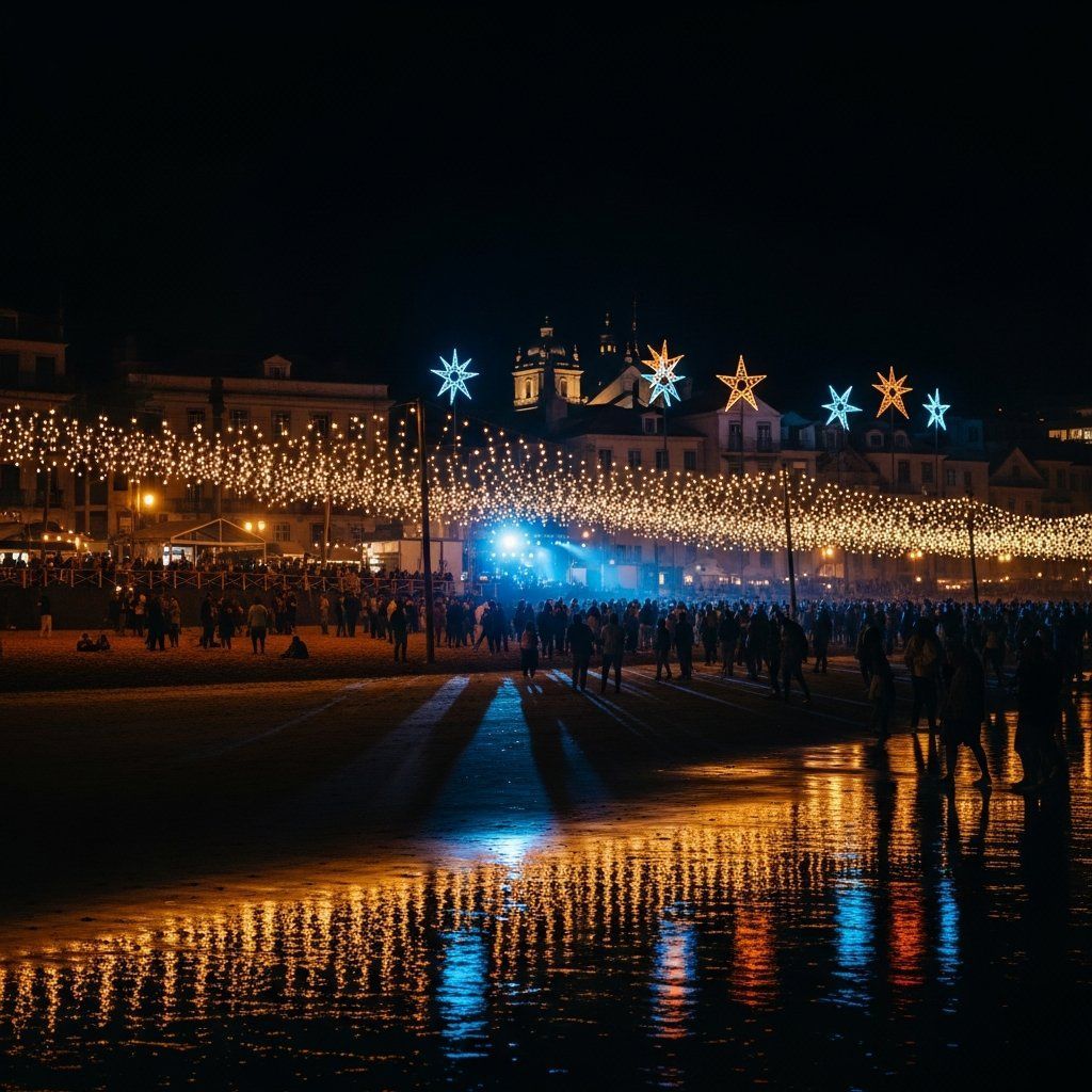 Beach party on Ovar coast under festive star-themed lights at night