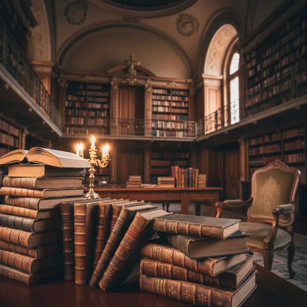 Portuguese literary books and manuscripts in elegant library setting honoring writer António Lobo Antunes